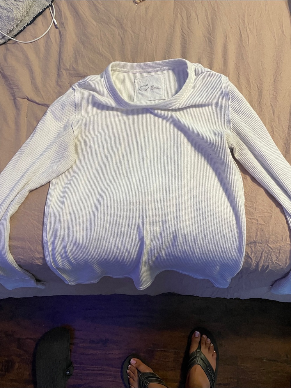 aerie Off-White Ribbed Long Sleeve Crew Top